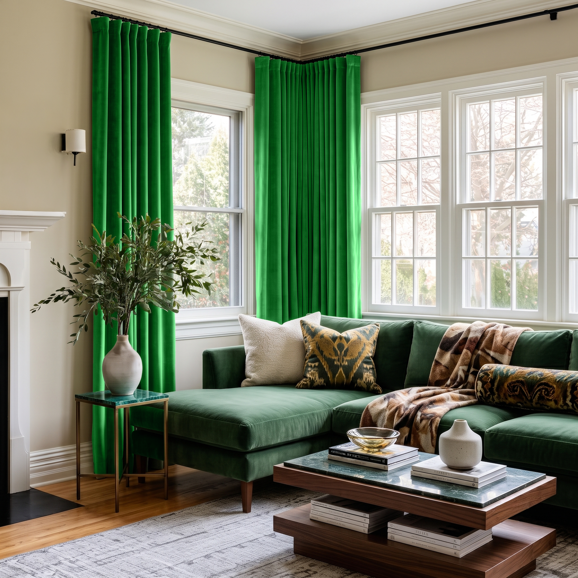 Lime Green Velvet S-Fold Curtains in a Contemporary Living Room with a Green Sectional Sofa and a Walnut Coffee Table