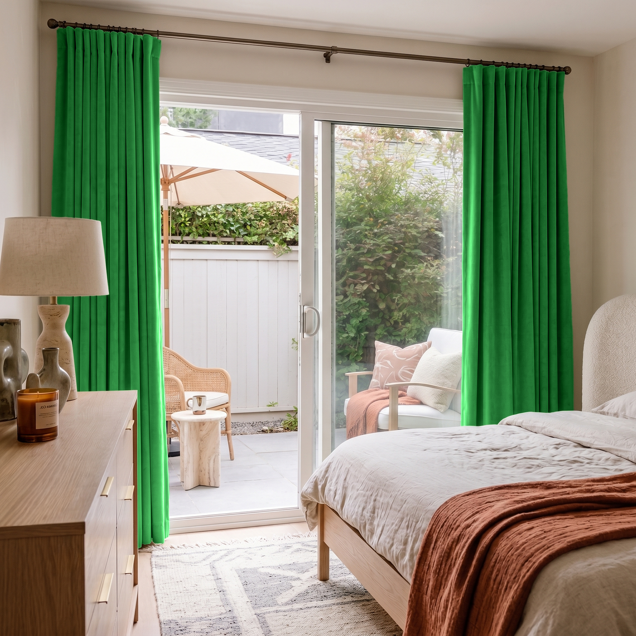 Lime Green Velvet S-Fold Sliding Patio Door Curtains in a Contemporary Bedroom with Light Wood Furniture and Rust Bedding