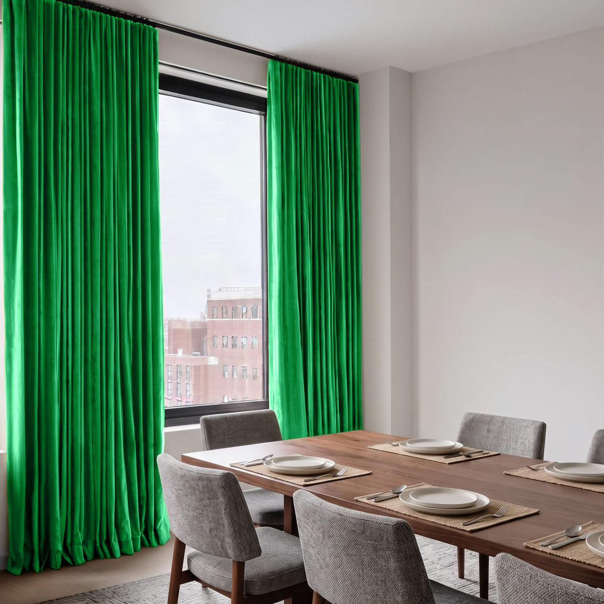 Bright green pleated window curtains hanging on a black rod in a modern dining room with a wooden table and gray chairs.
