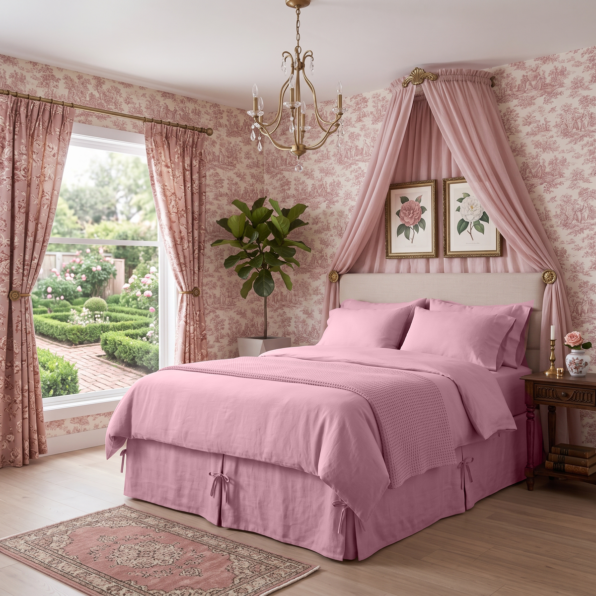 Dusty Rose Linen Bed Skirt with Pleats