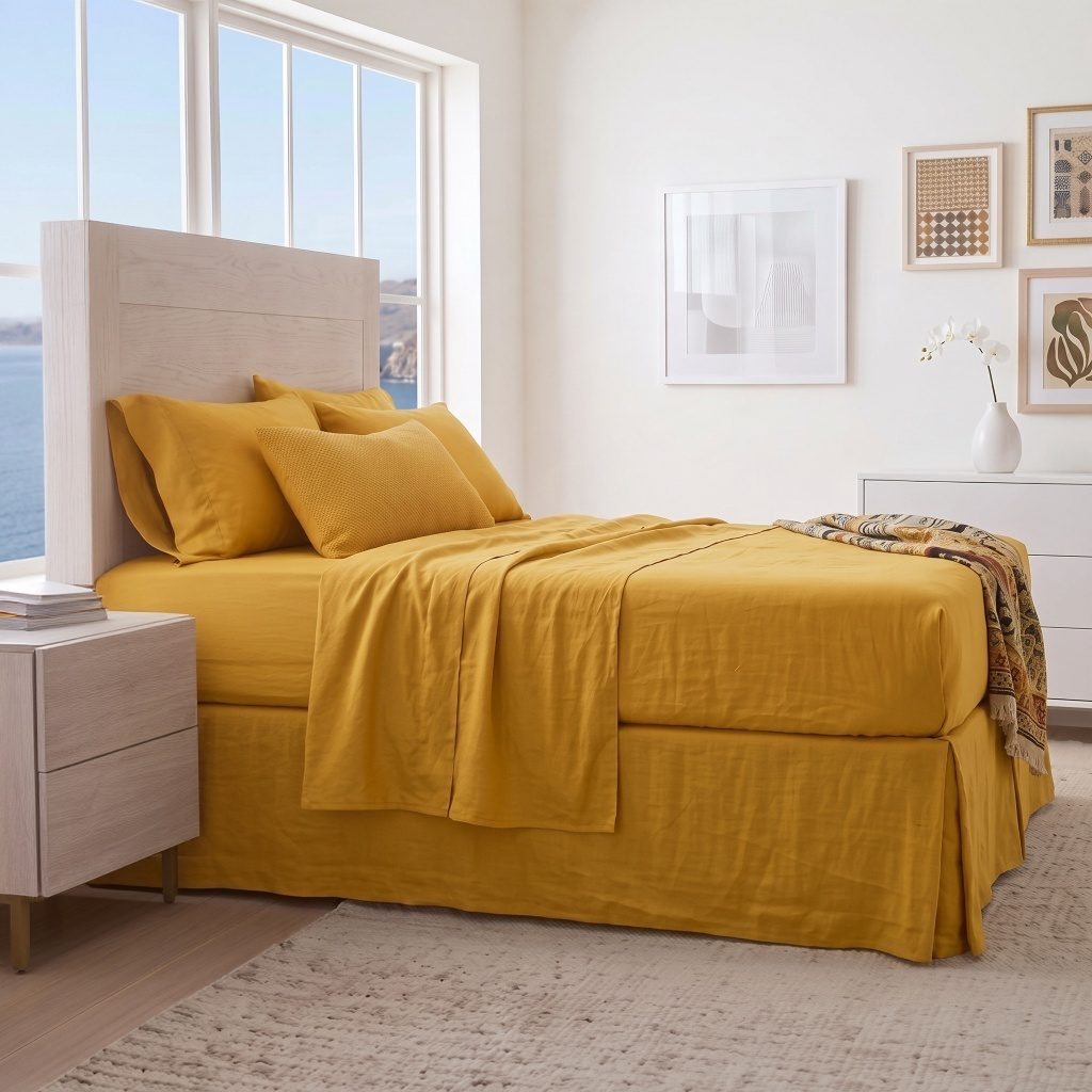 Mustard Yellow Linen Bed Skirt with Pleats 