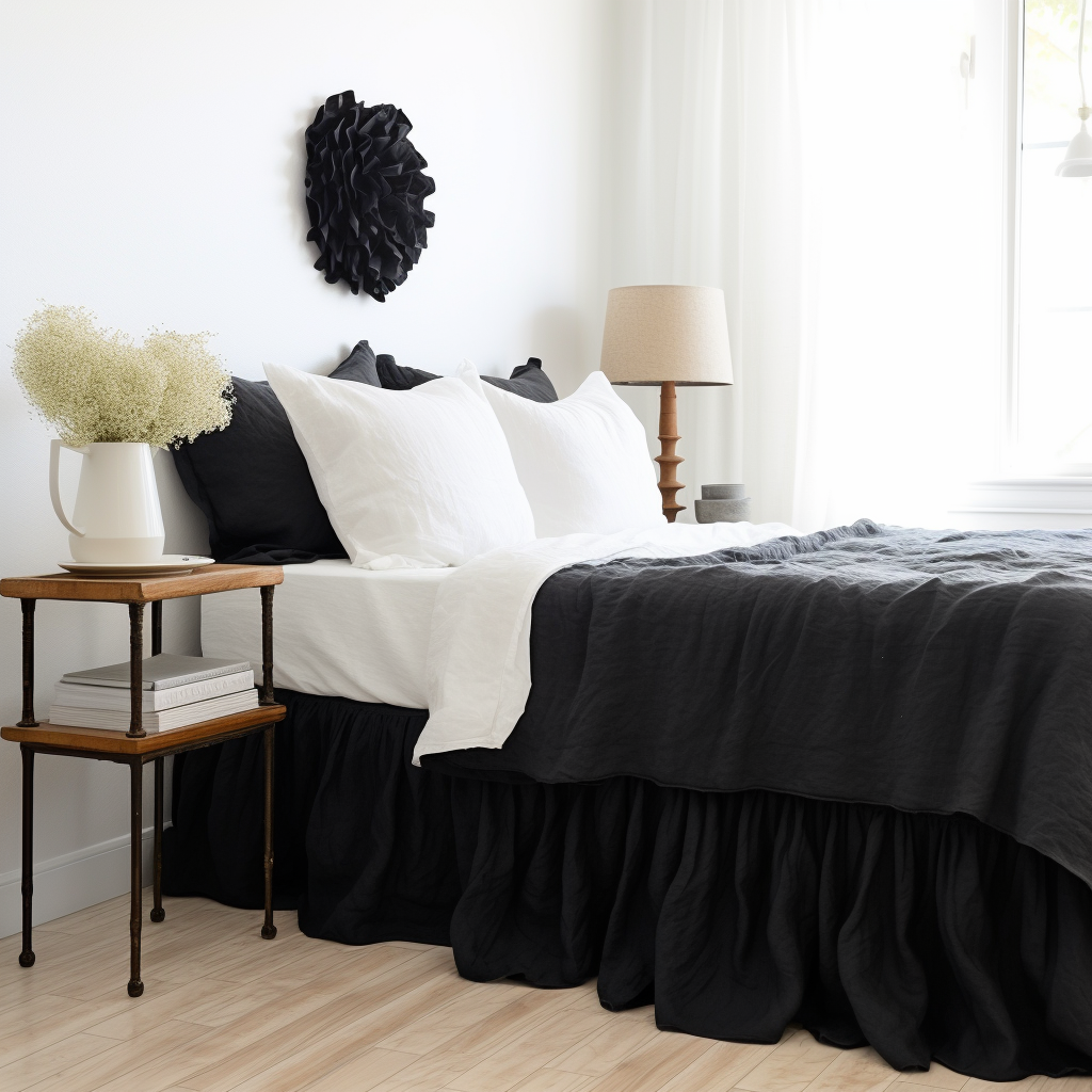 Black Linen Bed Skirt Valance with Gathered Ruffles