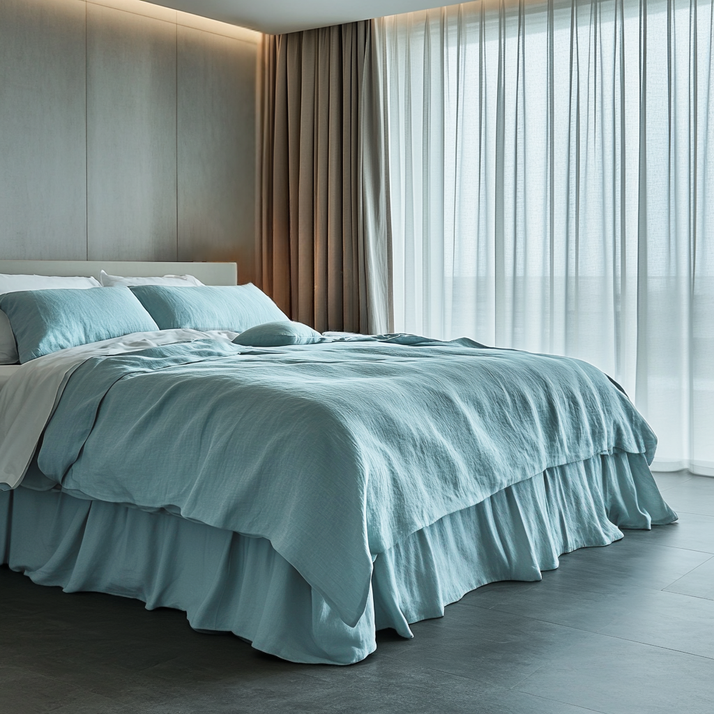 Aquamarine Blue Linen Bed Skirt Valance with Gathered Ruffles
