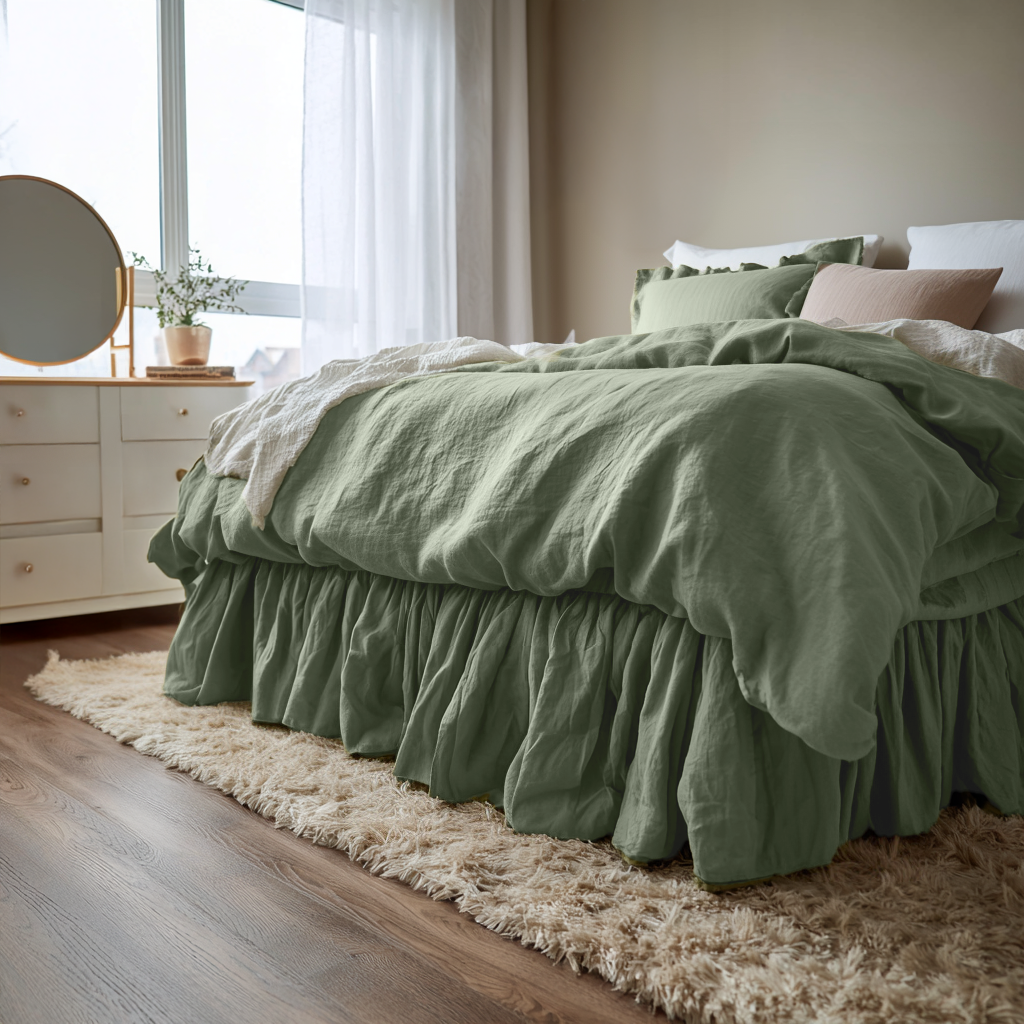 Asparagus Green Linen Bed Skirt Valance with Gathered Ruffles