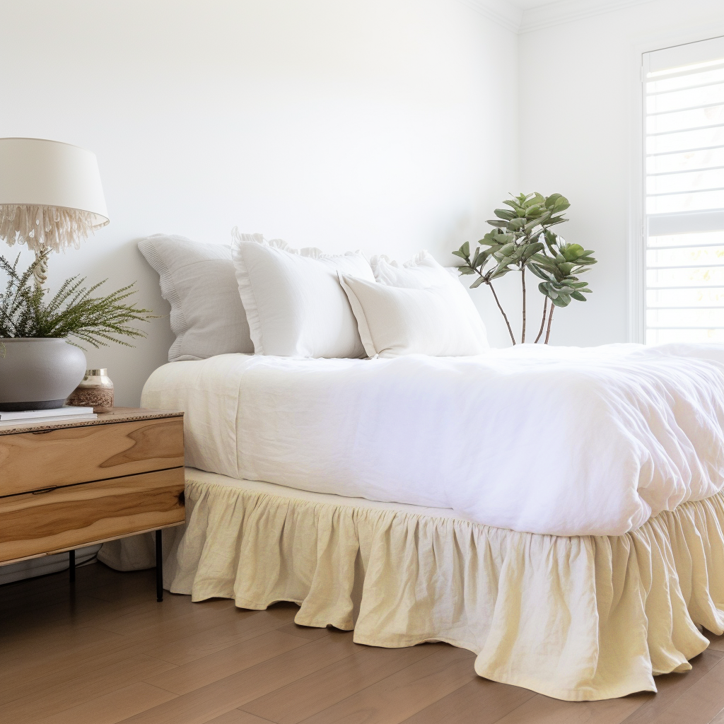 Cream Linen Bed Skirt Valance with Gathered Ruffles
