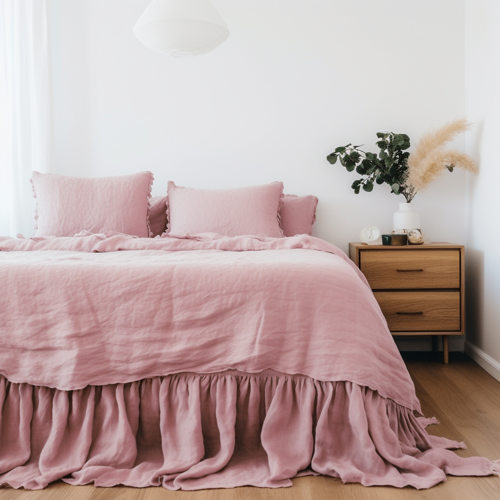 Dusty Rose Linen Bed Skirt Valance with Gathered Ruffles