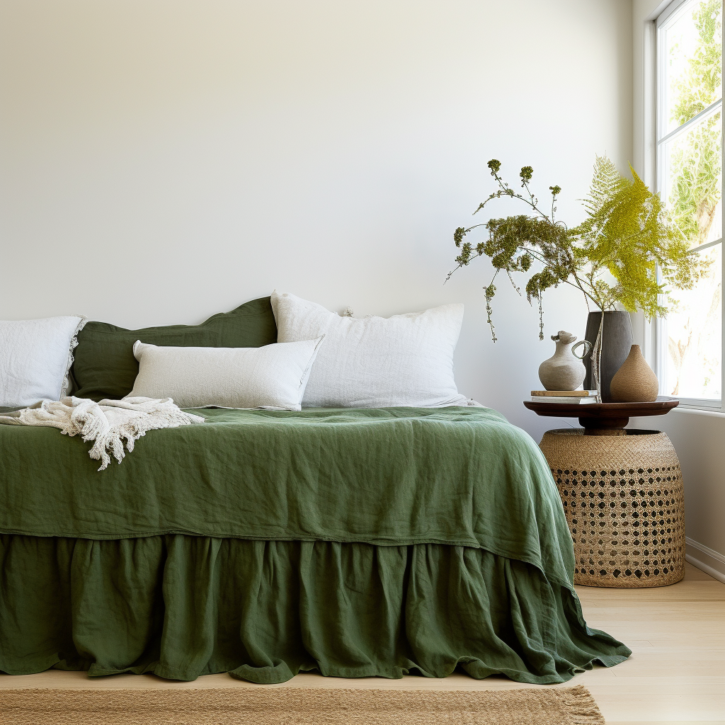Forest Green Linen Bed Skirt Valance with Gathered Ruffles