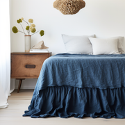 Peacock Blue Linen Bed Skirt Valance with Gathered Ruffles