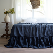 Royal Blue Linen Bed Skirt Valance with Gathered Ruffles