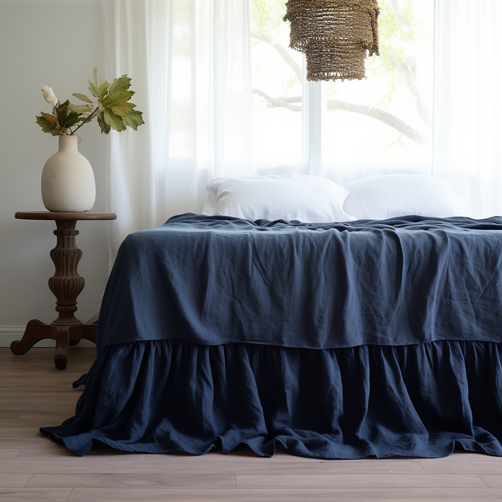 Royal Blue Linen Bed Skirt Valance with Gathered Ruffles