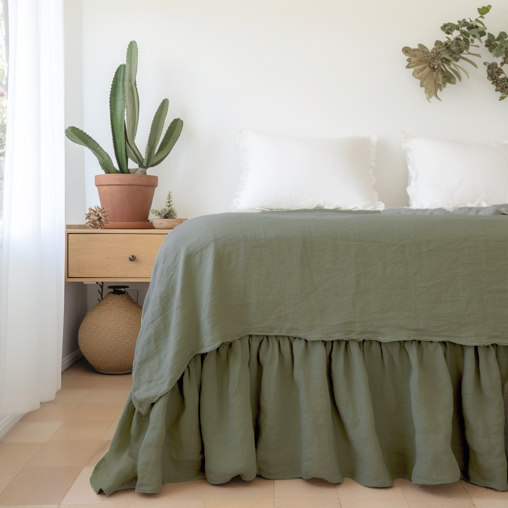 Sage Green Linen Bed Skirt Valance with Gathered Ruffles