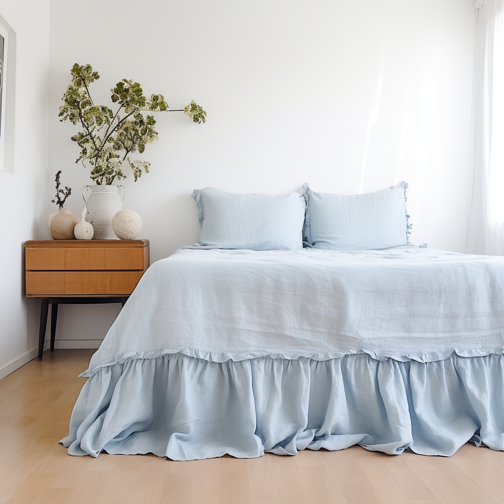 Sky Blue Linen Bed Skirt Valance with Gathered Ruffles