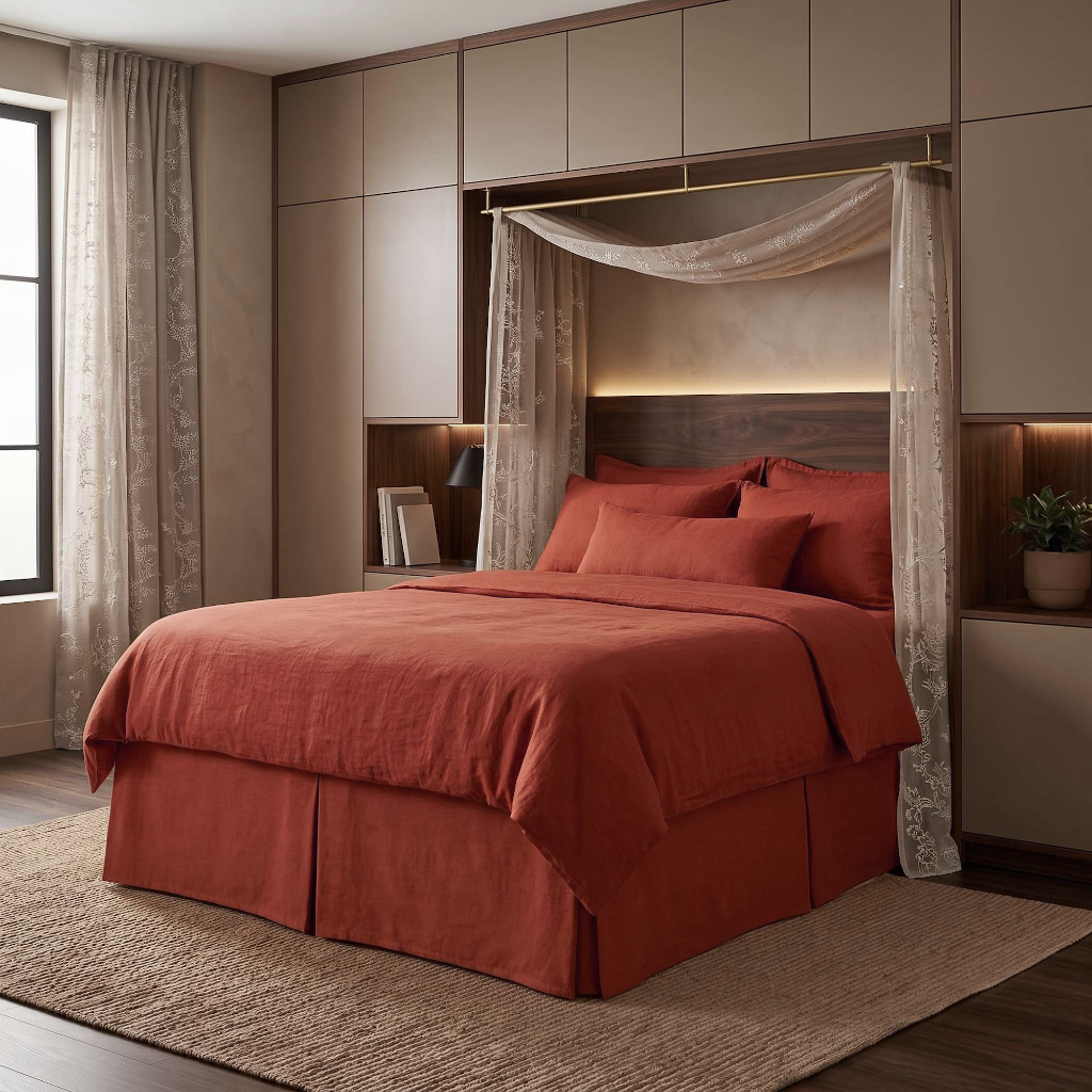 Burnt Orange Linen Bed Skirt with Pleats