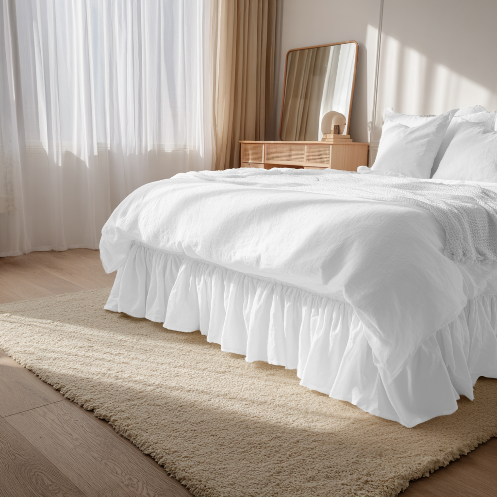 White Linen Bed Skirt Valance with Gathered Ruffles