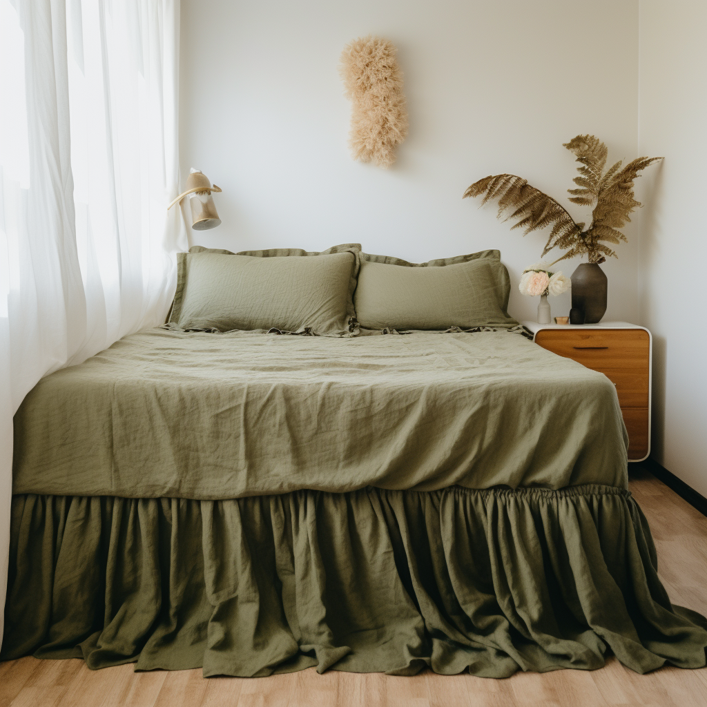 Moss Green Linen Bed Skirt Valance with Gathered Ruffles
