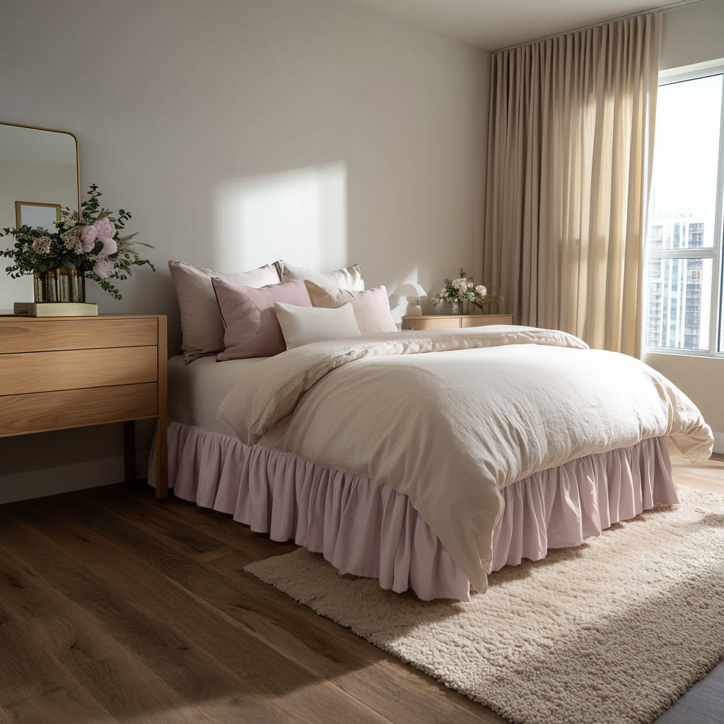 Dusty Pink Linen Bed Skirt Valance with Gathered Ruffles