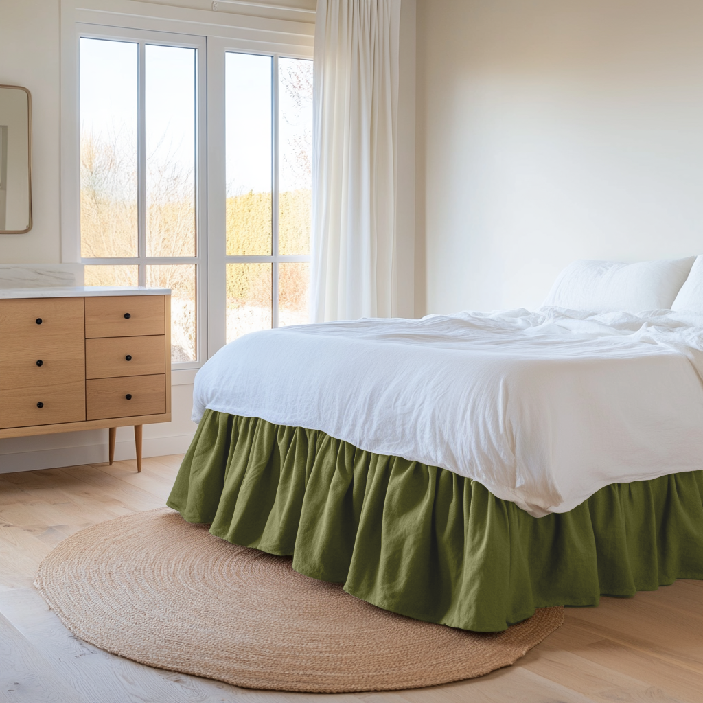 Moss Green Linen Bed Skirt Valance with Gathered Ruffles
