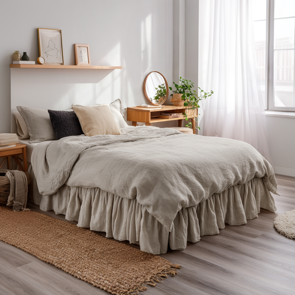 Natural Linen Bed Skirt Valance with Gathered Ruffles 