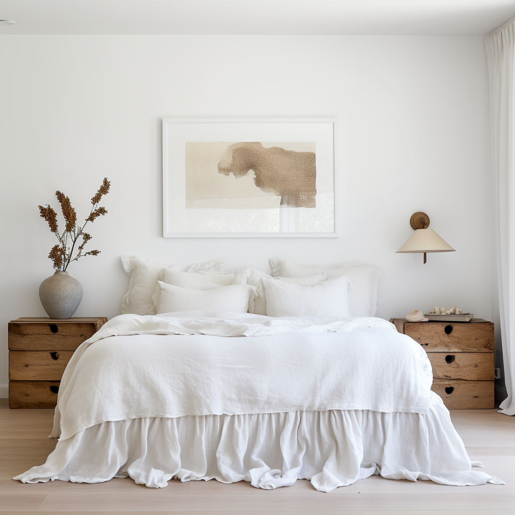 White Linen Bed Skirt Valance with Gathered Ruffles