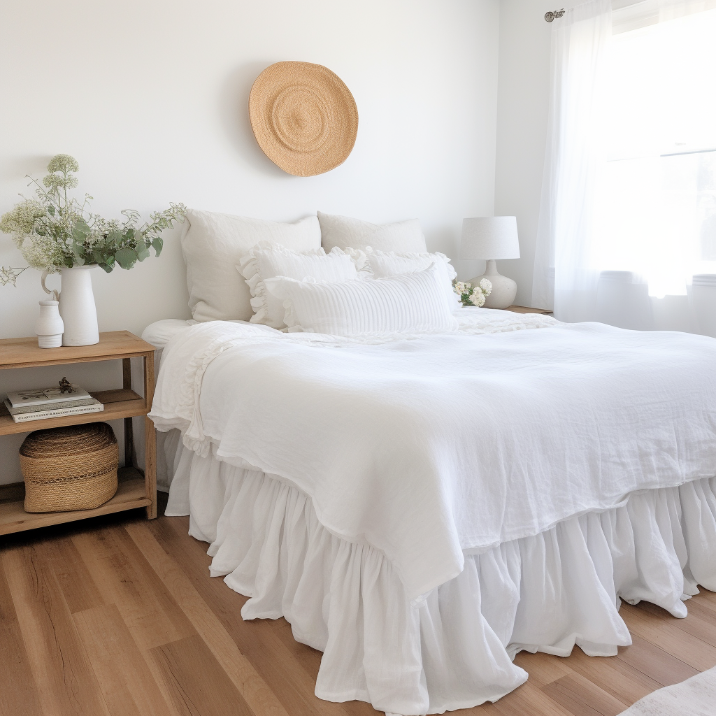 White Linen Bed Skirt Valance with Gathered Ruffles