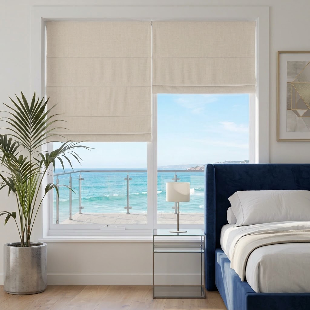 Cream Roman Blinds in a Modern Bedroom