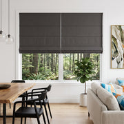Dim Grey Roman Blinds in a Contemporary Dining Room with White Walls and a Wooden Dining Table   