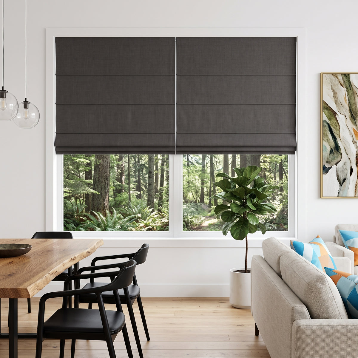 Dim Grey Roman Blinds in a Contemporary Dining Room with White Walls and a Wooden Dining Table   