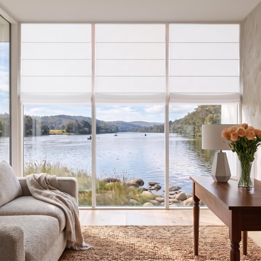 Off-White Roman Blinds in a Living Room with Light Neutral Walls and a Beige Armchair