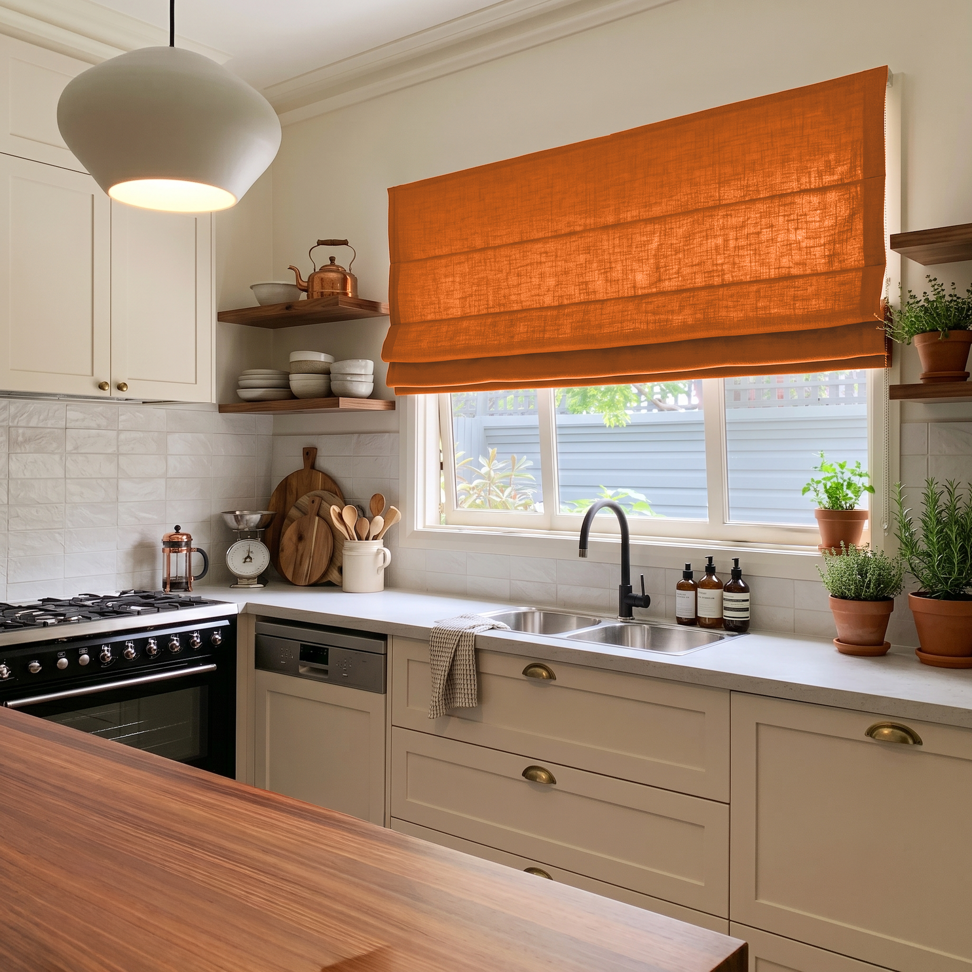 Burnt Orange Linen Roman Blinds in a Bright Contemporary Kitchen with Cream Cabinetry - Blackout Lining