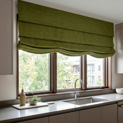 Moss Green Linen Relaxed Roman Blinds in a Modern Kitchen with Light Wood Cabinetry - Blackout Lining