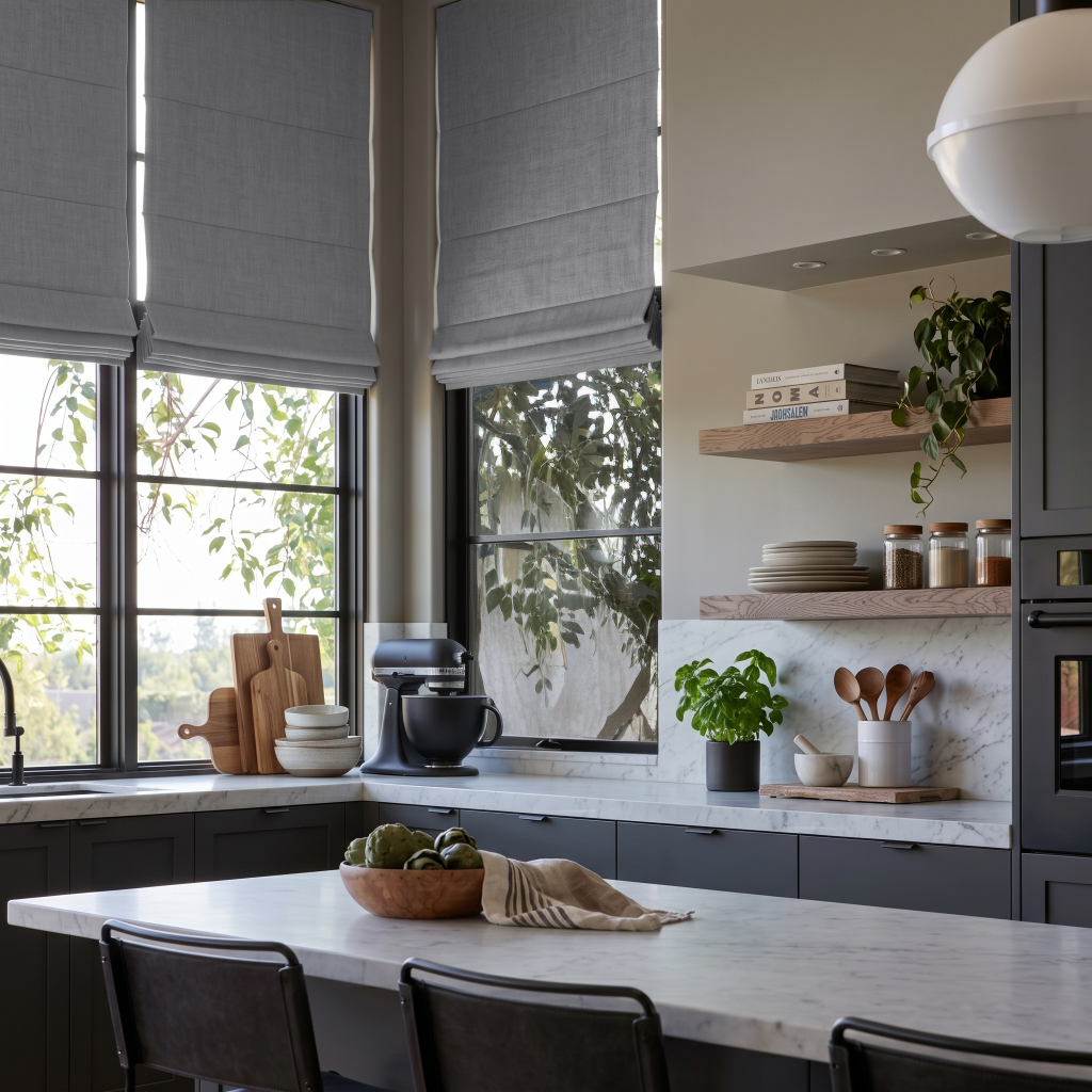 Stone Grey Linen Roman Blinds in a Modern Kitchen with Marble Counters - Blackout Lining
