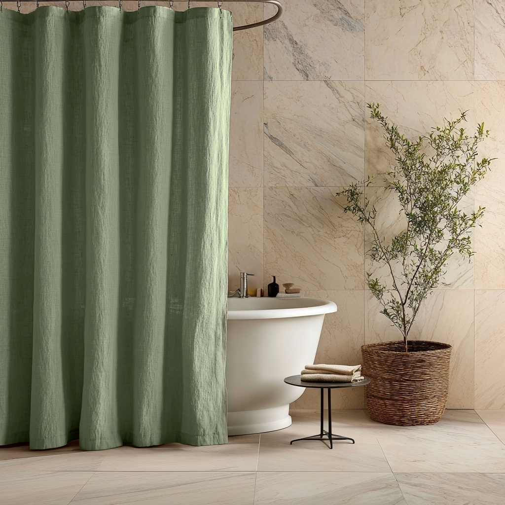 Linen Button-Hole Top Shower Curtain Asparagus Green in a Contemporary Bathroom with Beige 