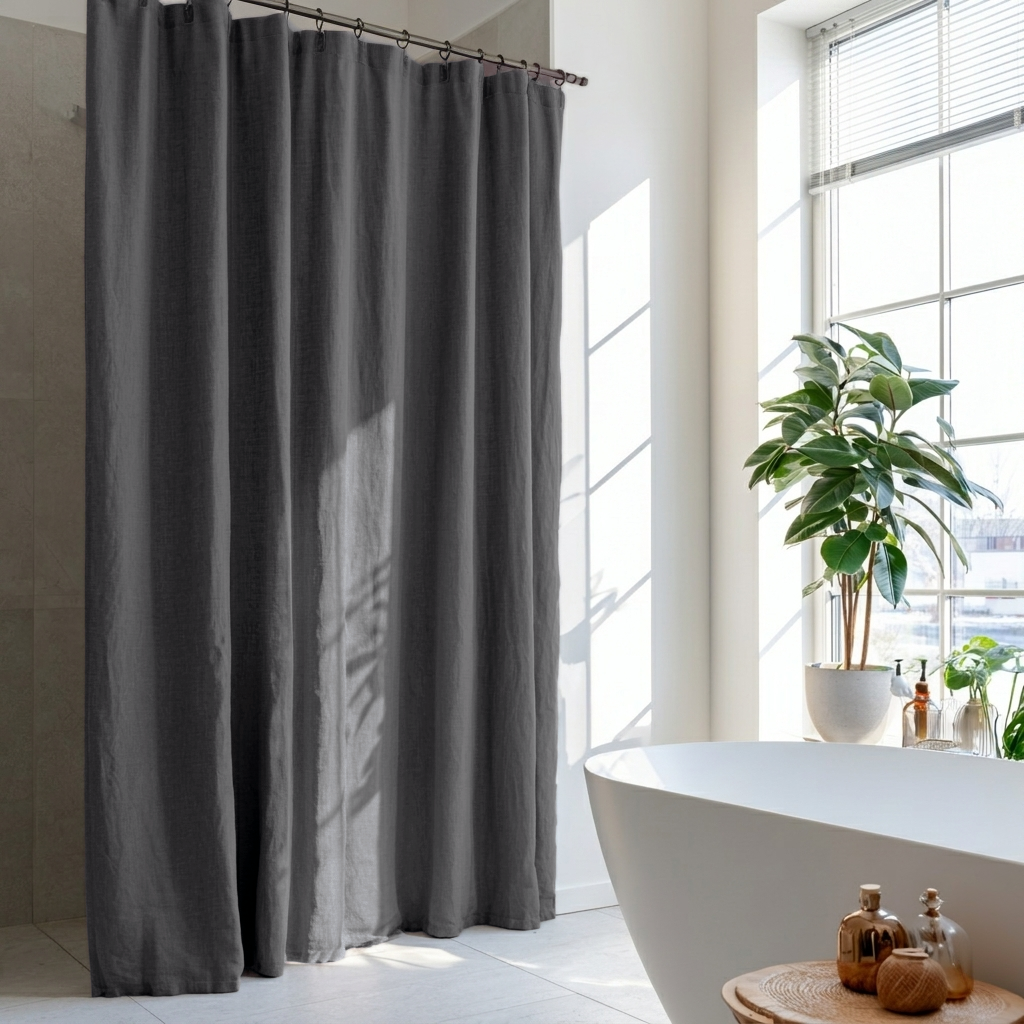 Linen Button-Hole Top Shower Curtain Dim Grey in a Modern Bathroom with White Walls