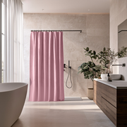 Linen Dusty Rose Button-Hole Top Shower Curtain in a Modern Bathroom with Beige Tiled Walls
