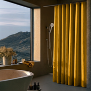 Linen Button-Hole Top Shower Curtain Mustard Yellow in a Modern Bathroom