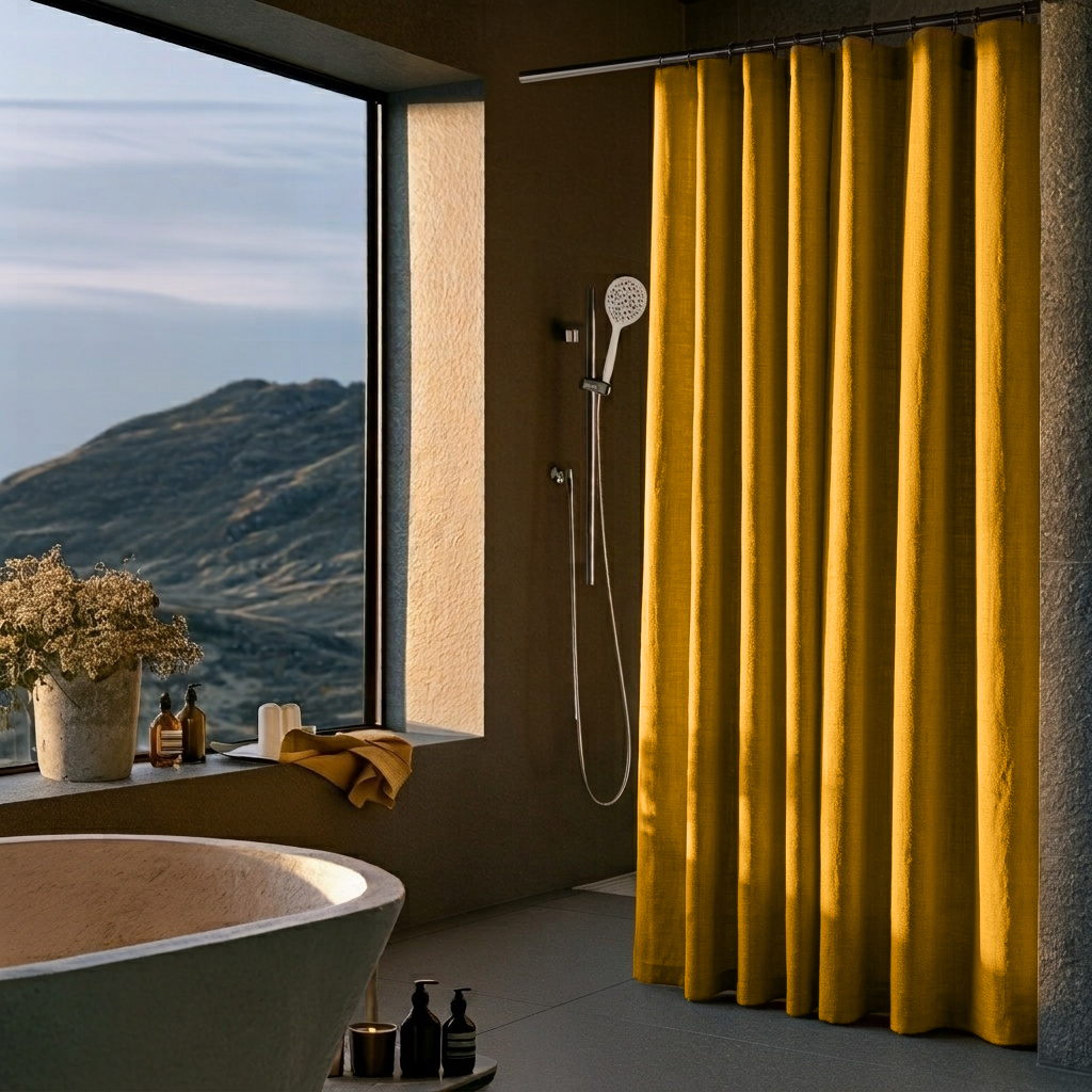 Linen Button-Hole Top Shower Curtain Mustard Yellow in a Modern Bathroom