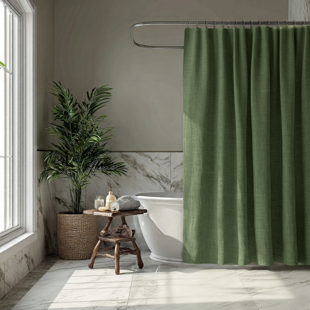 Linen Button-Hole Top Shower Curtain Sage Green in a Modern Bathroom with White Marble Walls