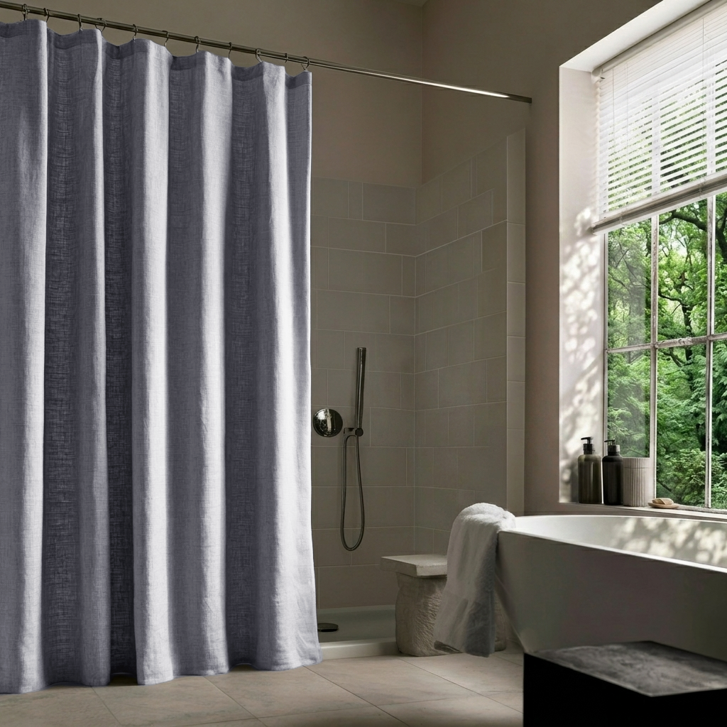 Stone Grey Linen Button-Hole Top Shower Curtain in Modern Bathroom with White Tiles