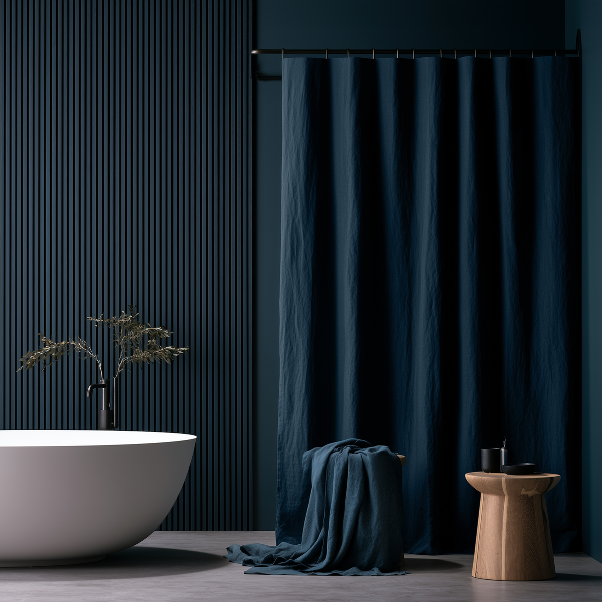 Peacock Blue Linen Button-Hole Top Weighted Shower Curtain in a Modern Bathroom with a Ribbed Navy Wall