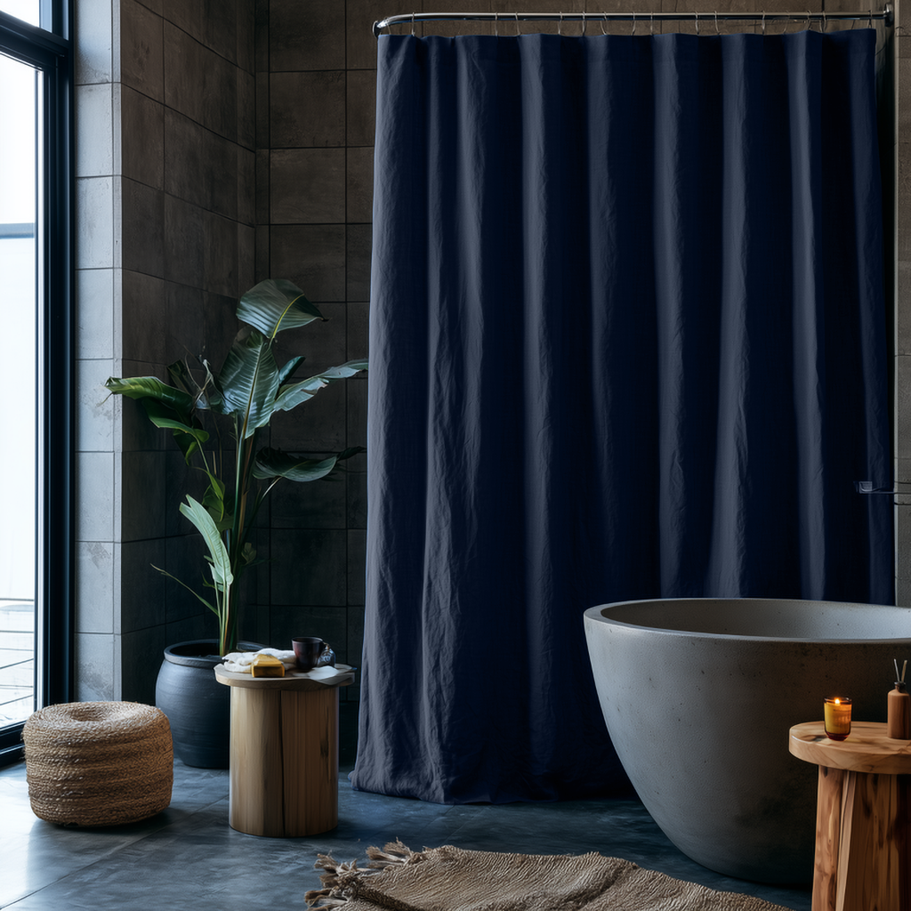 Royal Blue Linen Button-Hole Top Weighted Shower Curtain in a Cozy, Dimly Lit Spa Bathroom
