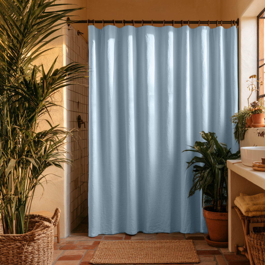 Sky Blue Linen Button-Hole Top Weighted Shower Curtain in a Cozy Boho Bathroom