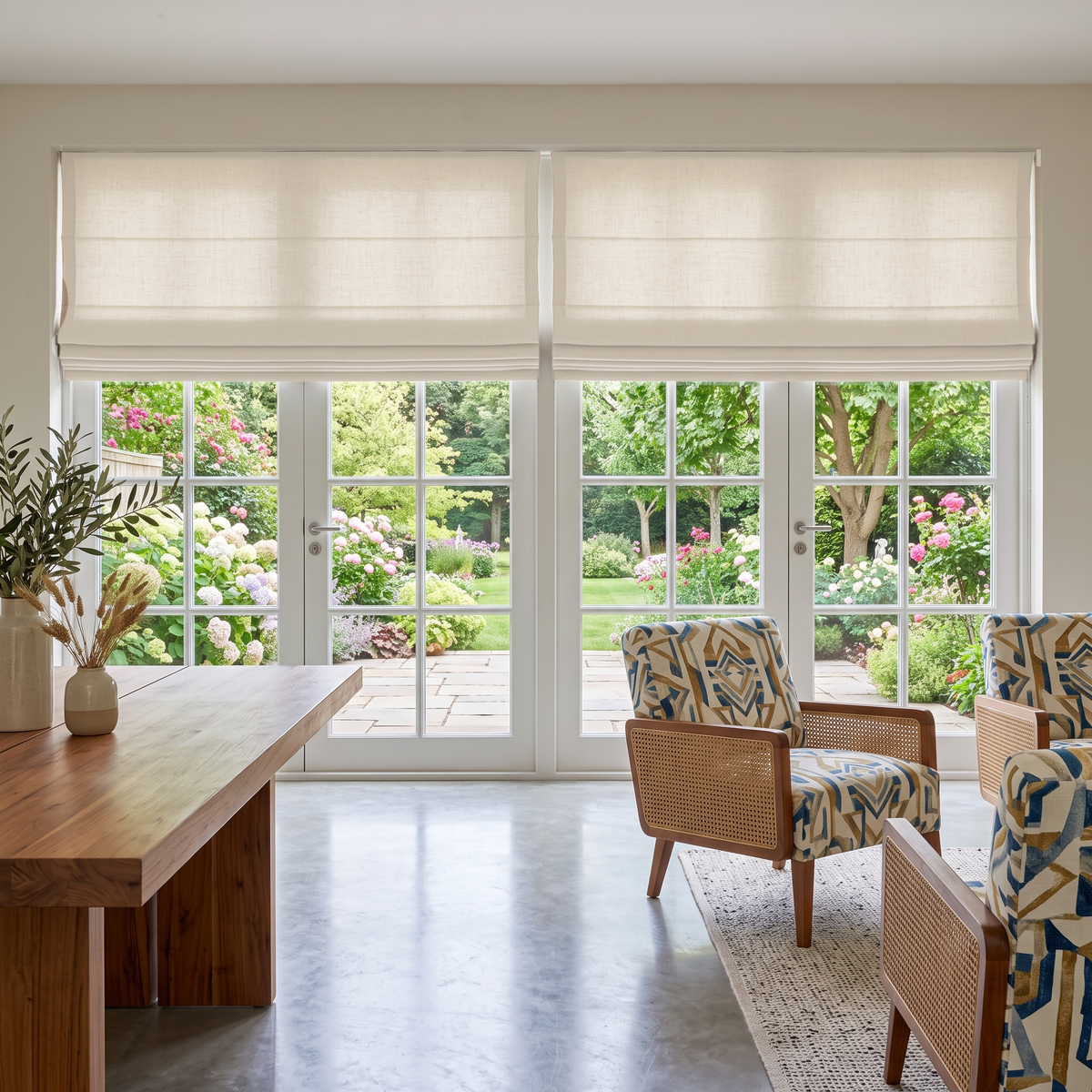 Cream Roman Blinds in a Dining Room with Off-White Walls and a Wooden Table