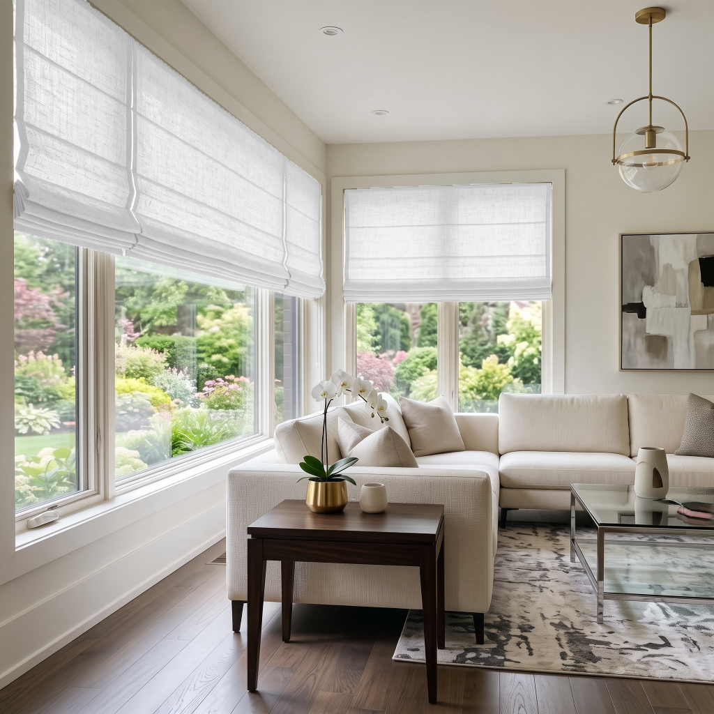 Heavy Off-White Roman Blinds in a Modern Living Room with Off-White Walls and a Cream Sectional