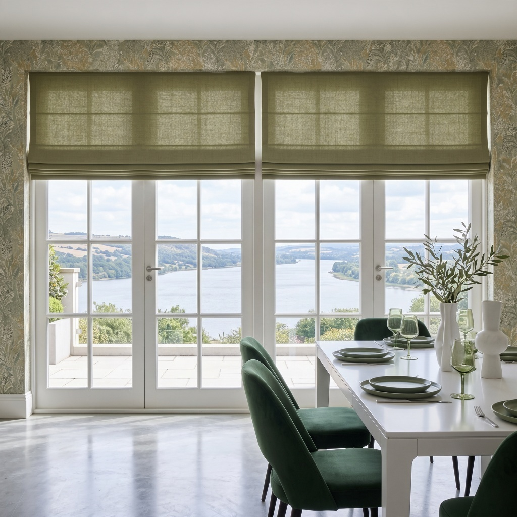 Olive Green Cordless Linen Roman Blinds in a Scenic Dining Room with Botanical Wallpaper