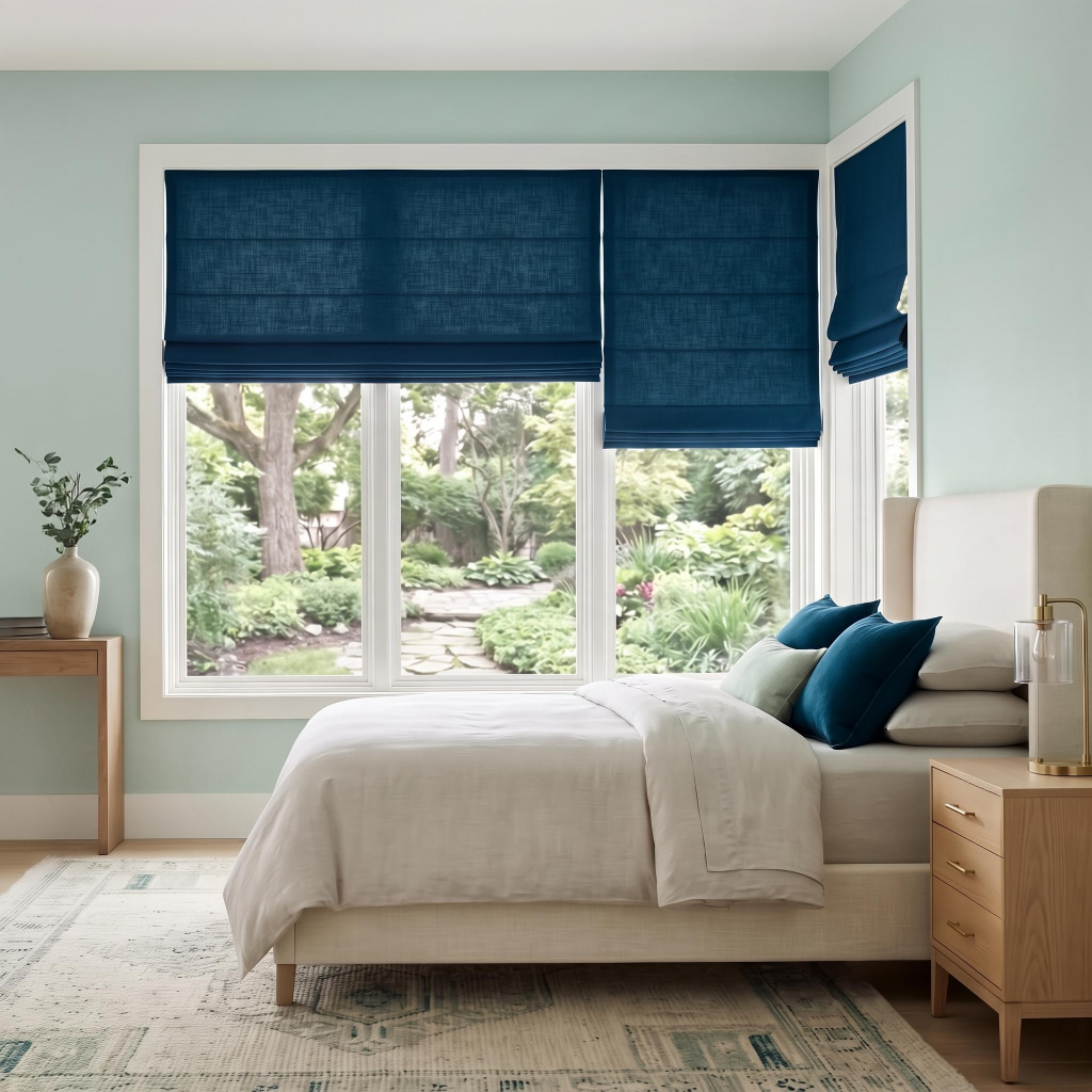 Peacock Blue Linen Cordless Roman Blinds in a Contemporary Bedroom with Pale Mint Walls and a Neutral Upholstered Bed