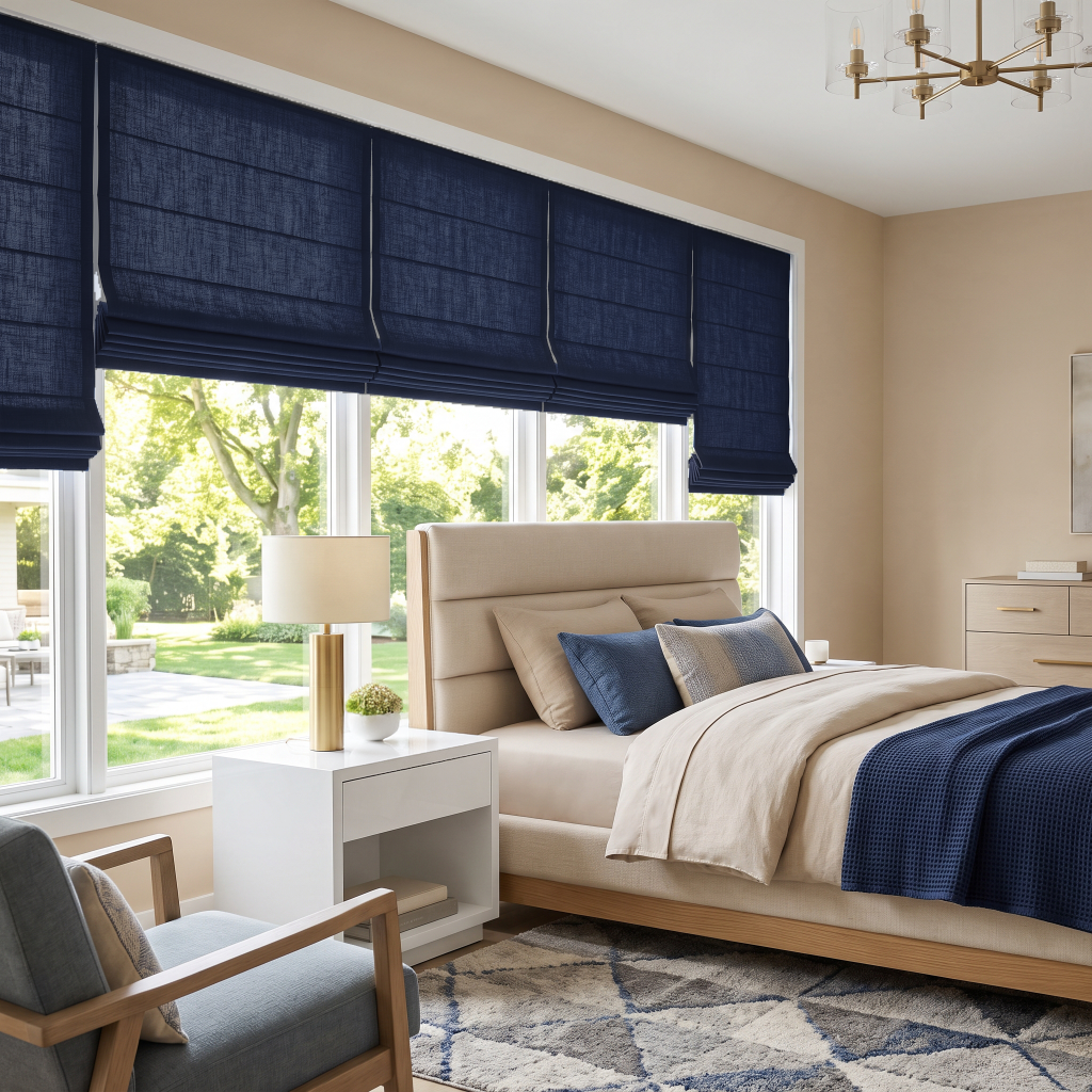 Royal Blue Linen Cordless Roman Blinds in a Transitional Bedroom with Light Beige Walls, a Beige Upholstered Bed and Blue Bedding.