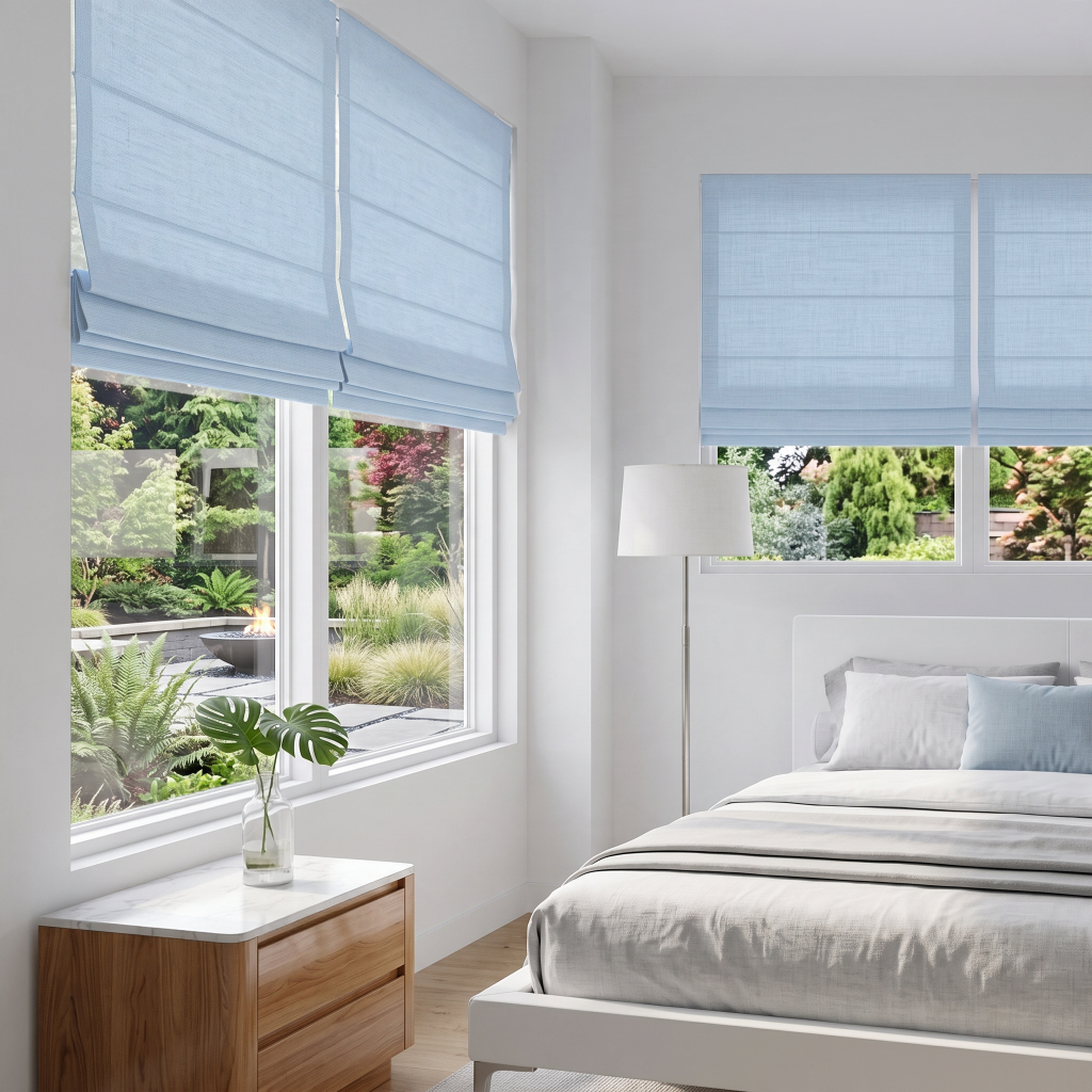 Sky Blue Cordless Linen Roman Blinds in a Modern Bedroom with White Walls and a White Bed Frame