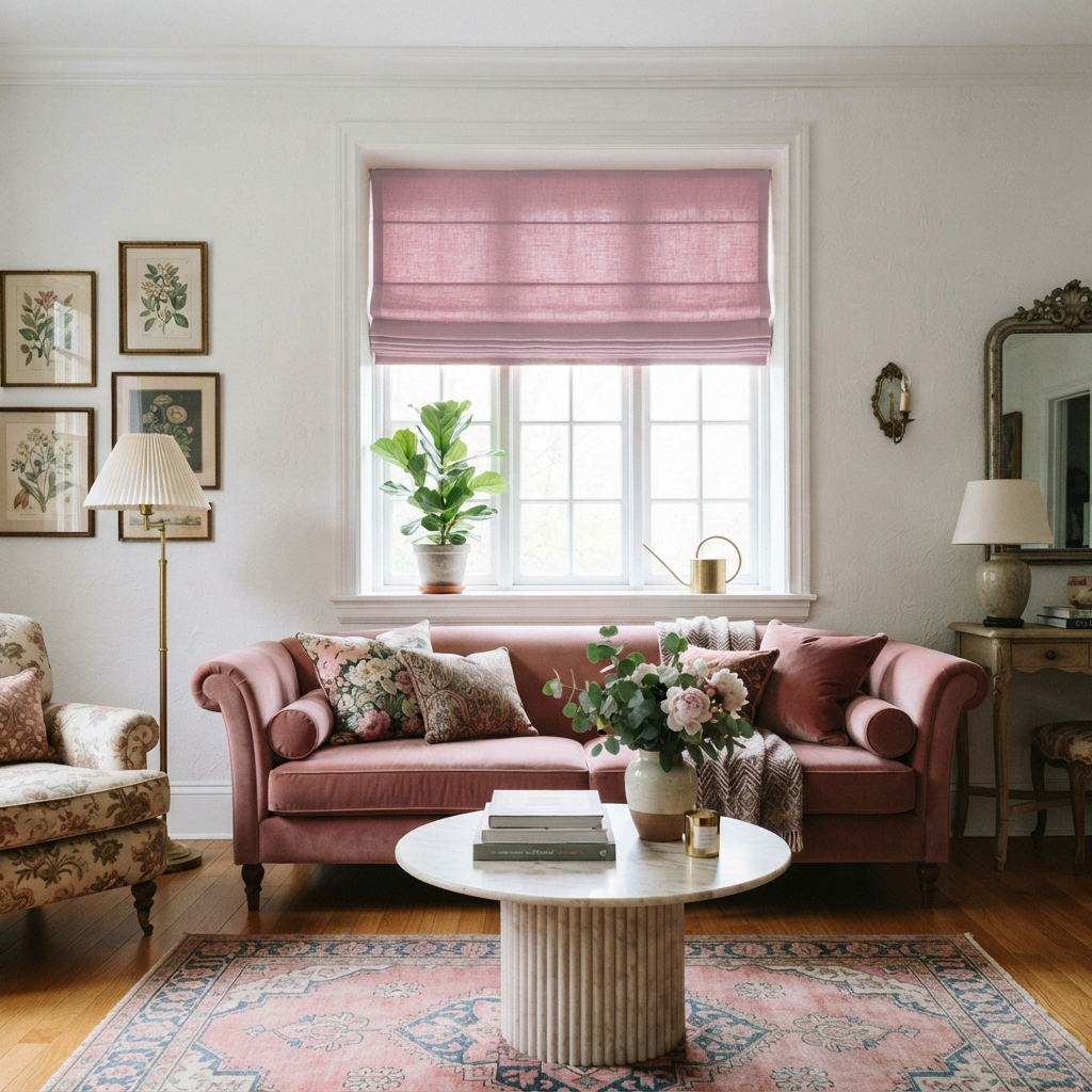 Dusty Rose Roman Blinds in a Traditional Living Room