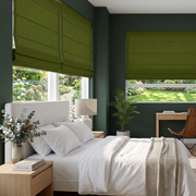 Moss Green Roman Blinds in a Modern Bedroom with Dark Green Walls and White Bedding