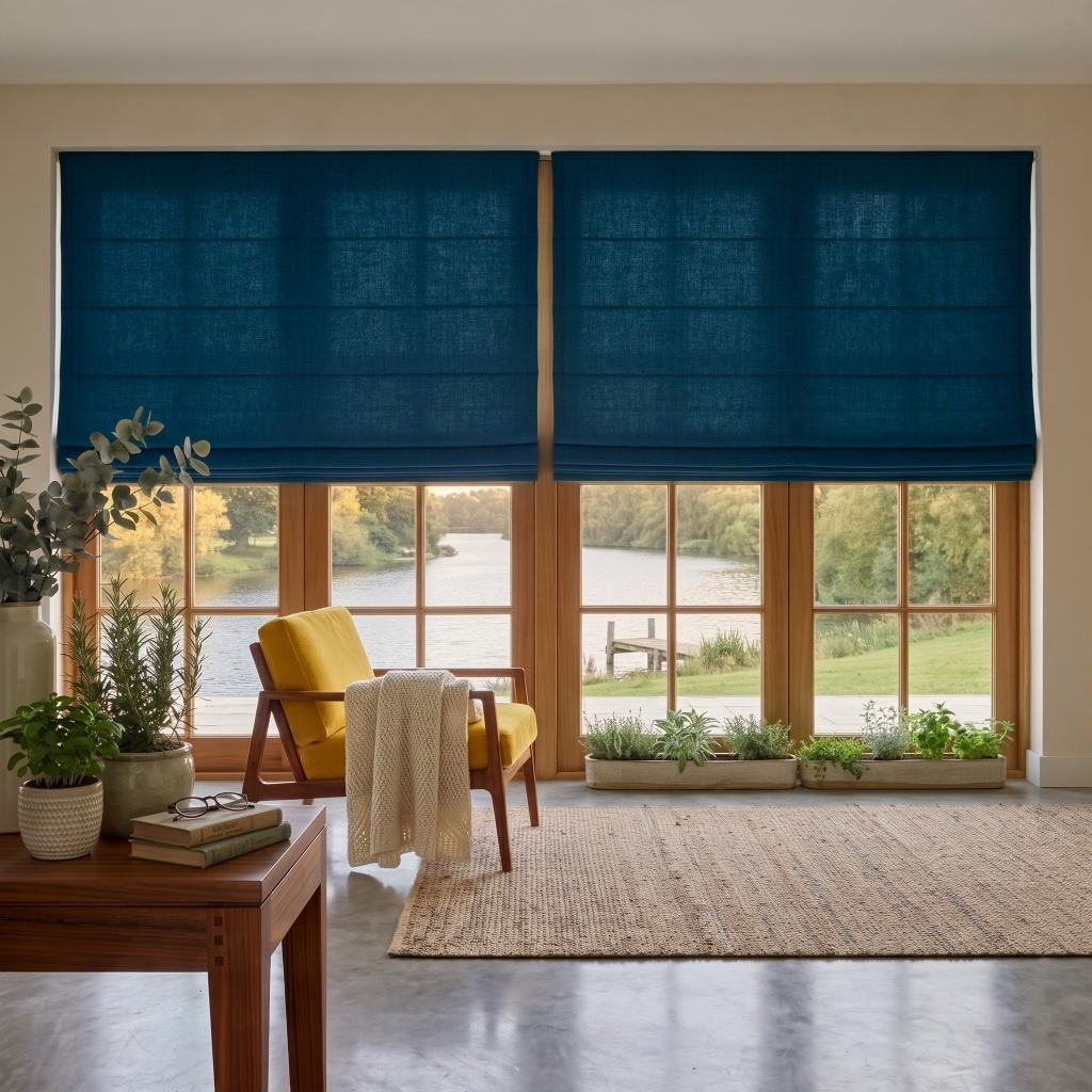 Peacock Blue Linen Cordless Roman Blinds in a Modern Living Room with Beige Walls and a Yellow Armchair